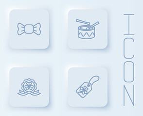 Set line Bow tie, Drum with drum sticks, Medal clover and Clover trefoil leaf tag. White square button. Vector