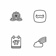 Set line Rainbow with cloud, Saint Patricks day calendar, Medal clover and Mustache icon. Vector
