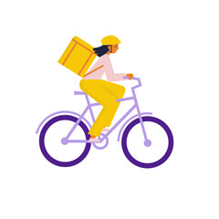 Girl courier on a bike with parcel box on a back. Bicycle delivery woman carrying package. Ecological city transport. Flat vector illustration - obrazy, fototapety, plakaty