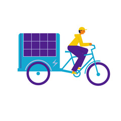 Man courier on a electric cargo bike with solar panel on a cart. Use green solar energy. Bicycle delivery man carrying package. Ecological city transport. Flat vector illustration