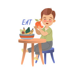 Cute little boy sitting at table and eating apple fruit. Eat verb expressing action cartoon vector illustration