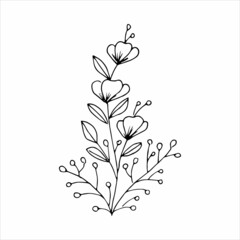 Hand-drawn flower single doodle element for coloring, invitation, postcard. Black and white vector image