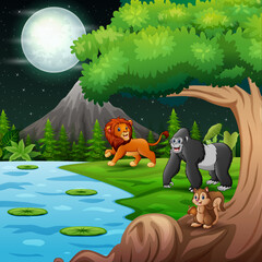 A beautiful night landscape with lion and gorilla by the lake