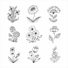 Set of hand-drawn flowers single doodle elements for coloring, invitation, postcard. Black and white vector image