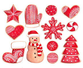Watercolor set of Christmas gingerbread. 
