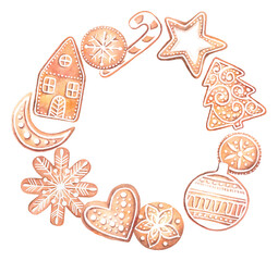 Watercolor illustration of a frame with Christmas gingerbread. 