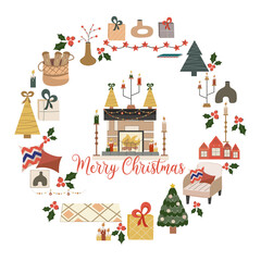 Christmas circular design isolated on white background, in center is fireplace with the text merry christmas.Fireplace with fire, tree and garland. Vector illustration for postcard or holiday decor