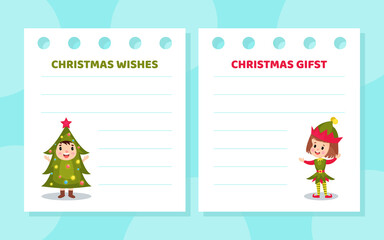 Lined Card with Happy Child Dressed in Christmas Elf and Fir Tree Costume Vector Template