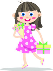 A flat illustration of a happy smiling preschooler girl in pink dotted dress holding a bouquet of flowers and a box with holiday cake. Vector for greeting cards and decorations