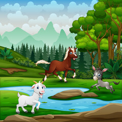 Happy farm animals playing in the green land