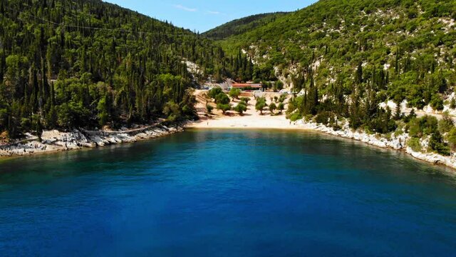 Calm Blue Waters And Scenic View Of Foki Beach In Greece - aerial shot