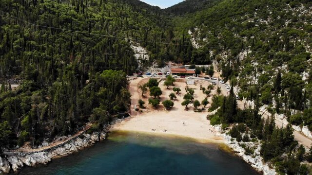 Scenic View Of Foki Pebble Beach In Kefalonia Greece - aerial shot