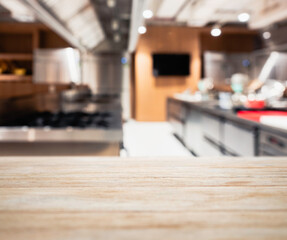 Table top wooden Counter Modern Kitchen Interior Blur background 