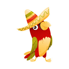 Cute funny parrot in sombrero hat. Mexican culture symbol cartoon vector illustration