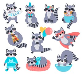 Happy raccoon mascot characters for kids birthday. Racoon superhero. Cute cartoon raccoons with balloon, eat pizza and wash hands vector set