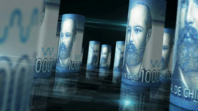Chile Pesos rolls loop 3d animation. Money on the table. Seamless and loopable abstract concept of economy, finance, business and recession. Camera between CLP rolled banknotes.