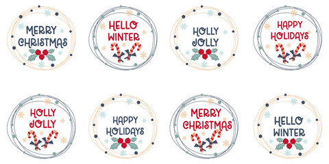 Christmas frames with congratulations text isolated on white background.Round design with different lettering and candy canes. Vector illustration in a flat style. Christmas decor