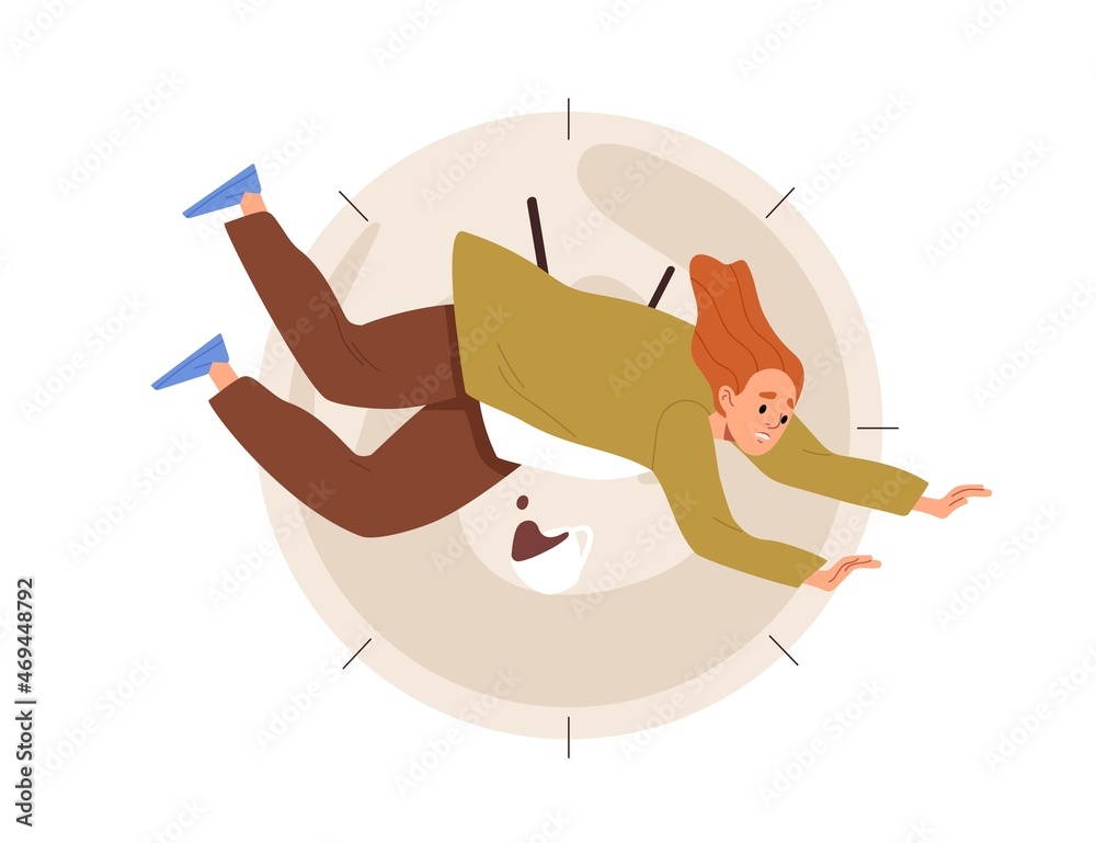 Poster Deadline failure and organization problem concept. Person is late, time is over. Inefficient disorganized employee fall from clocks. Fail at work. Flat vector illustration isolated on white background
