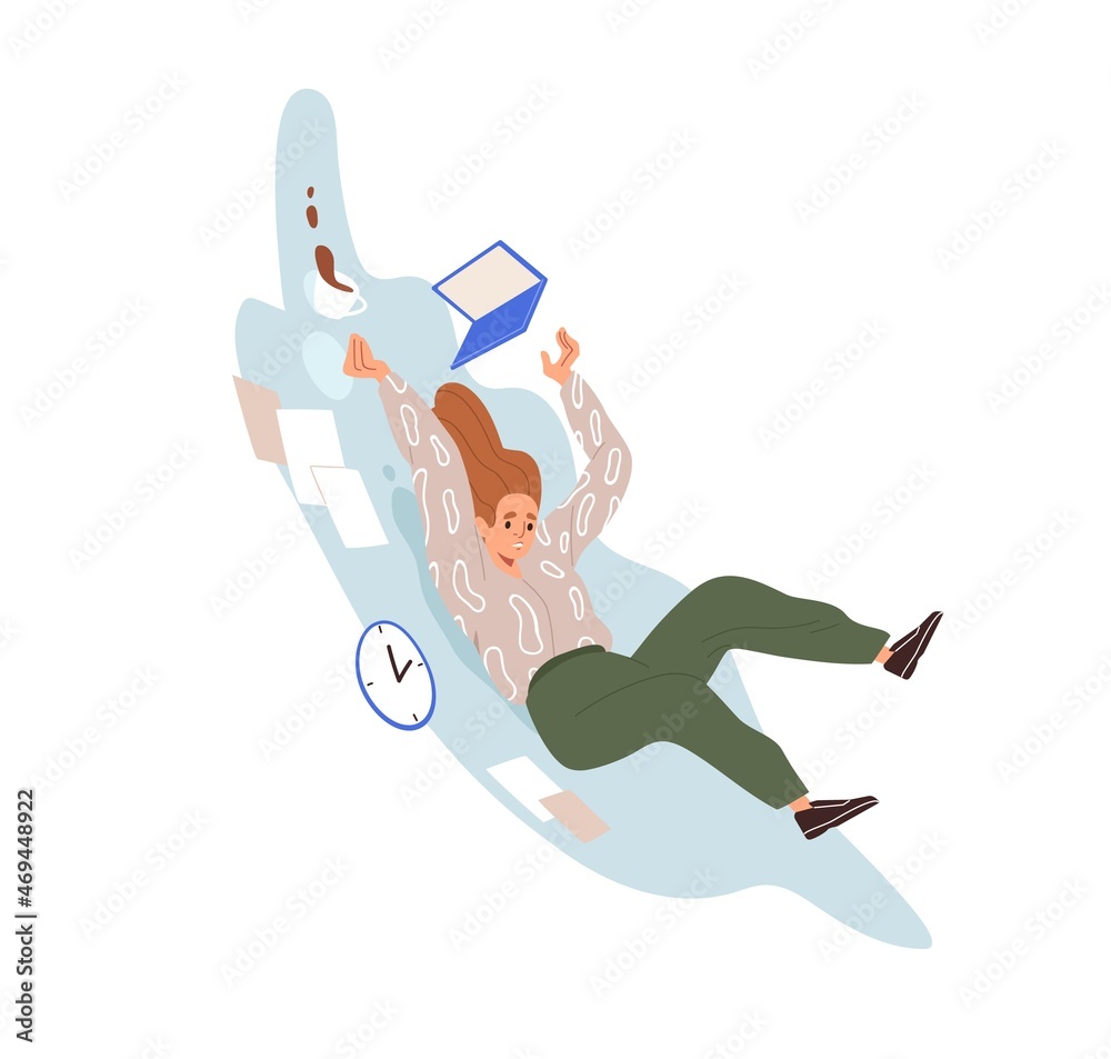 Poster Ineffective employee is late with deadline. Work fail and bad time management concept. Busy disorganized person and failure in businesses. Flat vector illustration isolated on white background