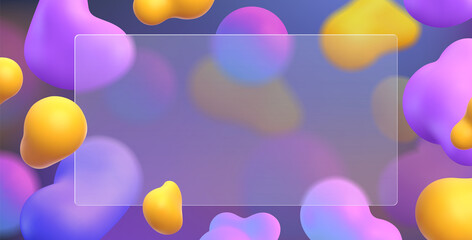 3d glassmorphism background template with blur fluid colorful blobs. Transparent glass morphism banner with abstract shapes vector design