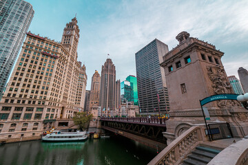 Early morning view of the DuSable Bridge across the main stem of the Chicago River with skyscrapers...