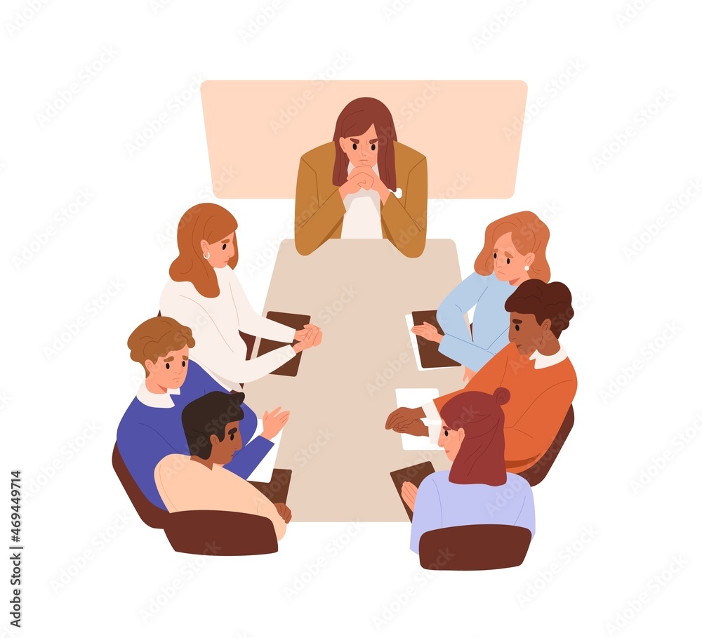 Aufkleber angry boss and frustrated team at tensed business meeting. staff guilty in work failure, trouble and