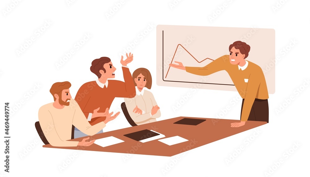 Poster conflict and disagreement at business meeting. angry boss accusing employee in problems and failures