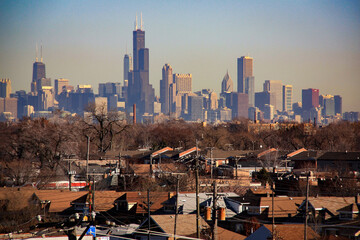 View of the skyline of Chicago, IL, United States of America, seen from a suburb of Chicago