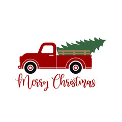 Red old vintage truck with a Christmas pine tree isolated vector on white background.