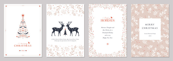 Corporate Holiday cards with Christmas tree, reindeers, bird, floral frames, background and copy space. Universal artistic templates. - 469451128