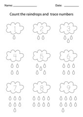 Color the raindrops and trace numbers inside clouds.