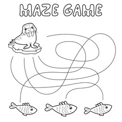 Maze puzzle game for children. Outline maze or labyrinth. Find path game with walrus.