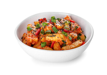 Bowl with honey chilli potato on white background