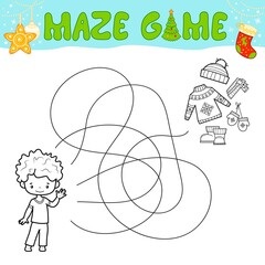 Christmas Maze puzzle game for children. Outline maze or labyrinth. Find path game with christmas boy.