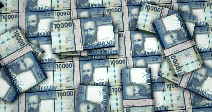 Chile Pesos banknotes 3d animation. Camera view from close to long distance. CLP money packs. Concept of inflation, economy, crisis, business, banking, debt and finance.