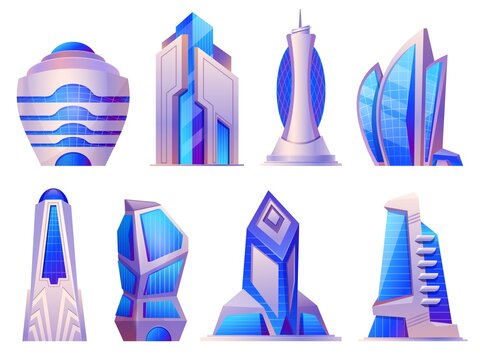 Future urban and alien city buildings, skyscrapers and office towers. Futuristic cyberpunk architecture, megalopolis skyscraper vector set
