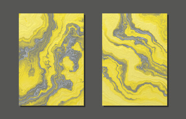Set of cover templates. Fluid abstract backgrounds. Yellow marble texture with gray veins.
