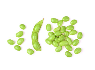 Soybeans, edamame beans on white background. Top view