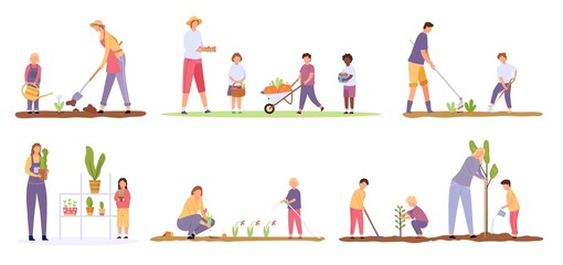 Cartoon adults and children planting trees and working at farm. Family grow plant and flower in garden. People harvest vegetables vector set