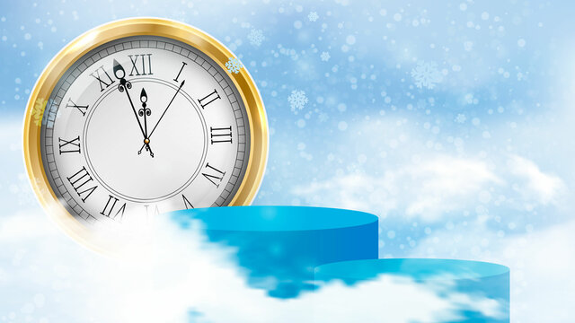 Scene for the presentation of New Year s discounts. Cylindrical podium against the background of the winter sky. Big clock hanging in the air. Vector