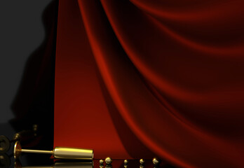 3D rendering golden glass with red drape and gold balls