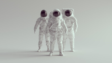 White Astronaut Cosmonaut with Black Visor Helmet Group of Three Spaceman Spacewoman Technology 3d illustration render - obrazy, fototapety, plakaty