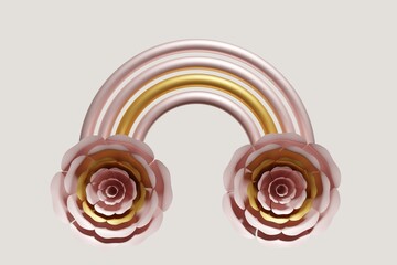 3d render of beautiful pastel pink and gold rainbow growing out of flowers