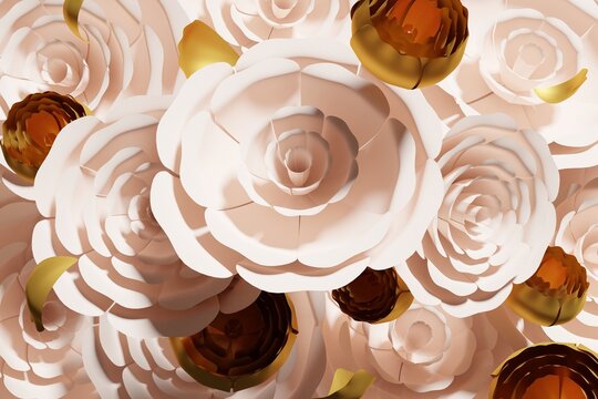 3d Render Of Beautiful Flying Ivory And Gold Paper Flowers Wallpaper Pattern