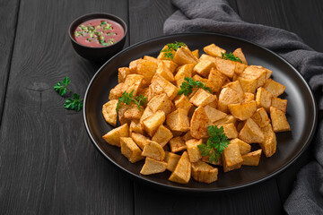 Patatas bravas with spicy tomato sauce on a dark background.