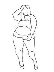 Plus size woman. Abstract body positive female portrait, art line. Minimalist fashion design, quick sketch, vector illustration for t-shirt, prints, covers, posters, logo, tattoo