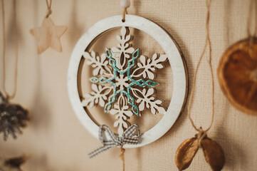 Handmade craft Christmas tree from sticks and natural materials.Selective focus. Background