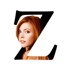 Letter Z, concept alphabet design with beauty portrait of young attractive woman's face. Conceptual fashion fount