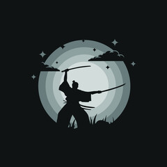 Samurai ronin silhouette illustration night moon with cloud 