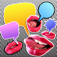 Contemporary art collage with female lips and speech bubbles over halftone pop-art background....
